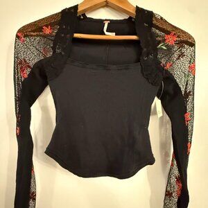 Black Lace with Red Flower Embroidery Free People Jolie Top Size XS NWT
